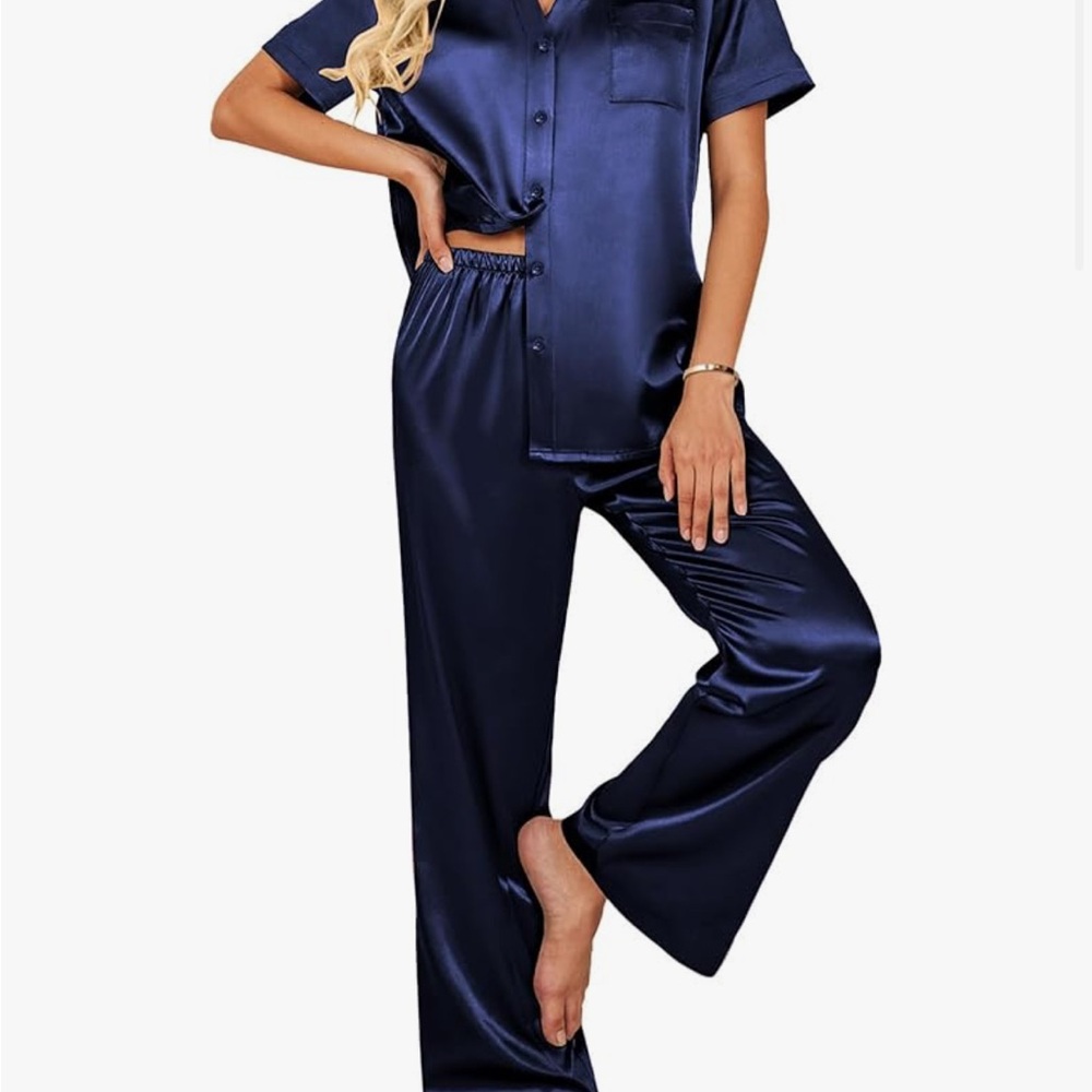 Women's Navy Satin Pajama Set